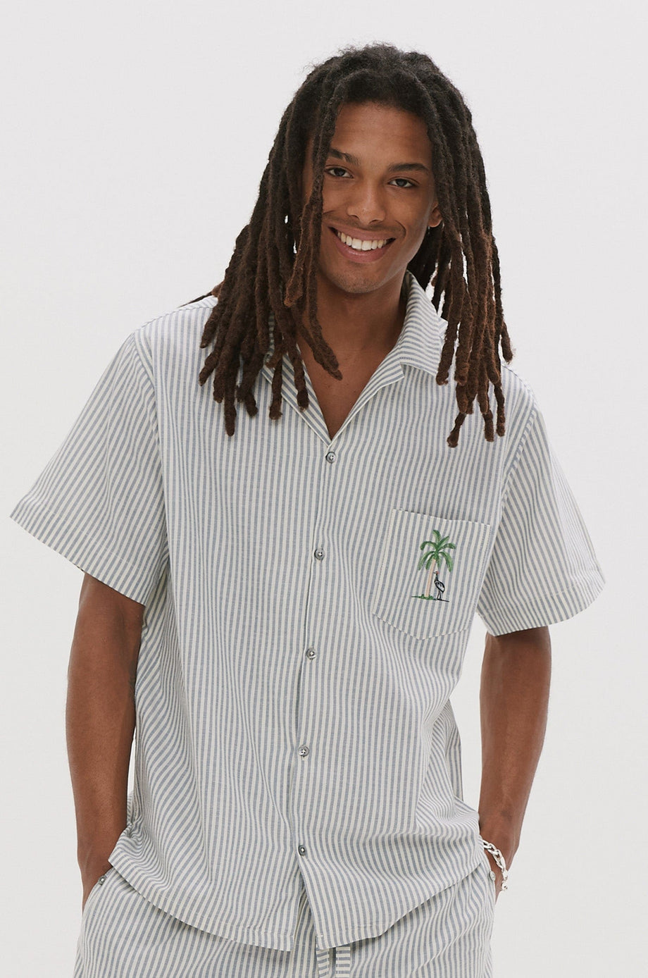 Men's Embroidered Cuban Pyjama Shirt Summer Oxford Stripe Blue