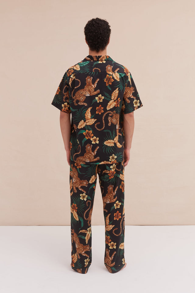 Men’s Cuban Long Pyjama Set Soleia Leopard Print Black/Yellow
