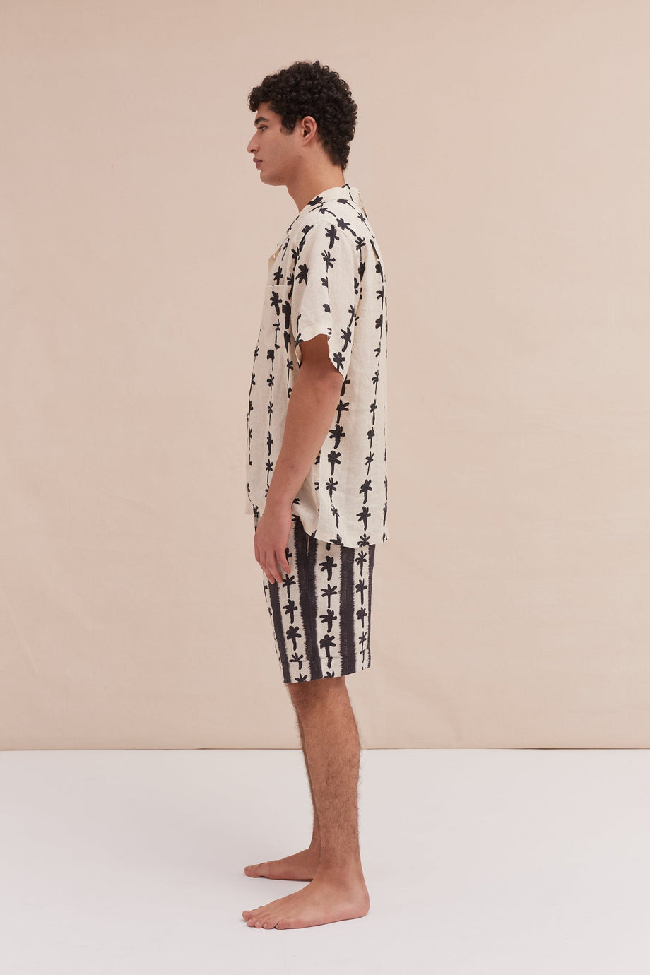 Men’s Cuban Pyjama Set Palm Stripe Print Cream/Black Linen