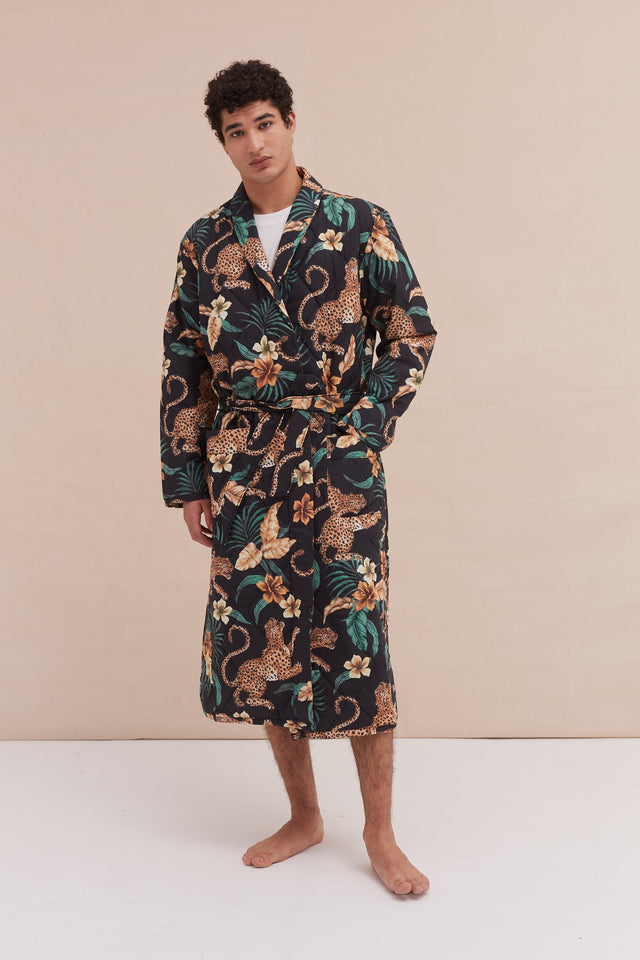 Men’s Quilted Robe Soleia Leopard Print Black/Yellow