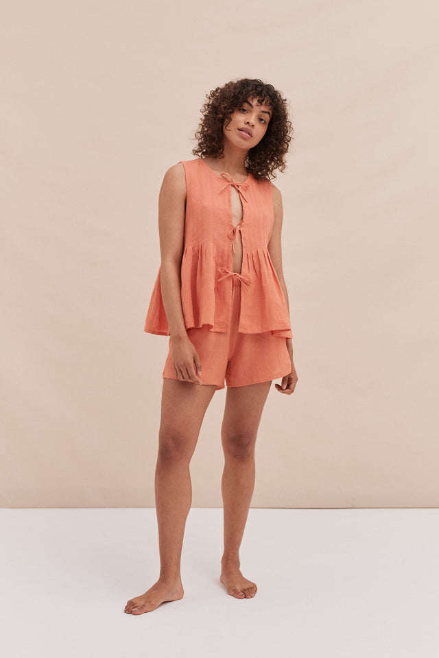 Pleated Cami Top and Shorts Set Coral Linen