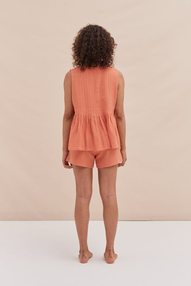 Pleated Cami Top and Shorts Set Coral Linen