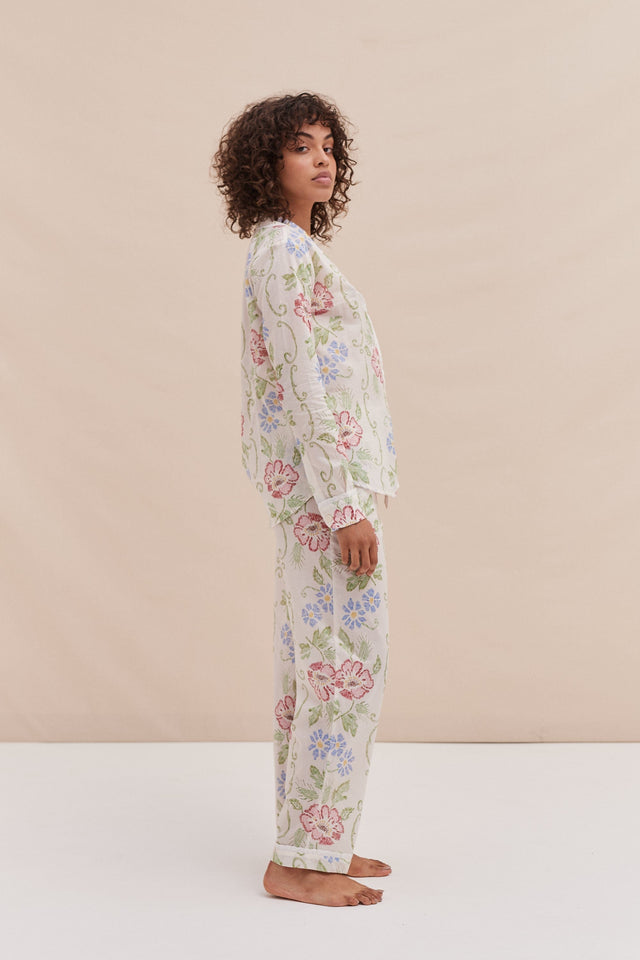 Long Pyjama Set Dorothea Print Cream with Trims