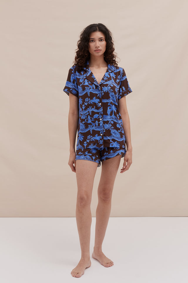 Lyocell Jersey Short Pyjama Set Lace Espresso/Ice Blue