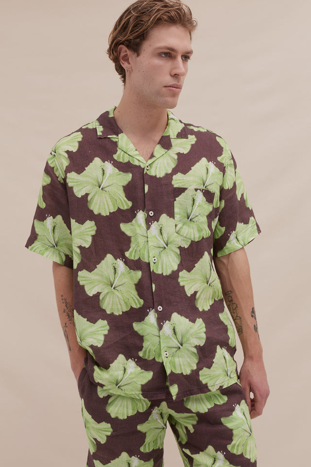 Men’s Cuban Pyjama Shirt Grand Hibiscus Print Cocoa/Lime Linen