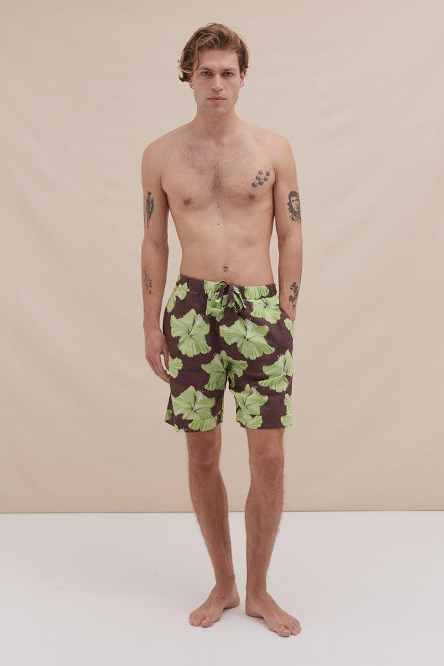Men’s Pyjama Shorts Grand Hibiscus Print Cocoa/Lime Linen