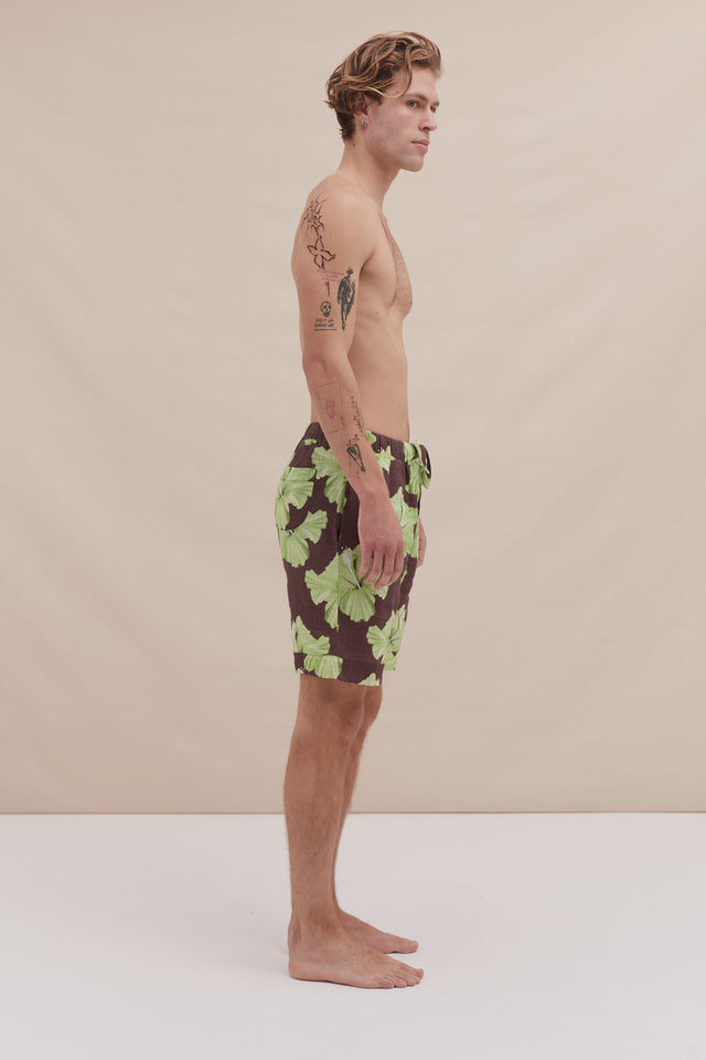 Men’s Pyjama Shorts Grand Hibiscus Print Cocoa/Lime Linen