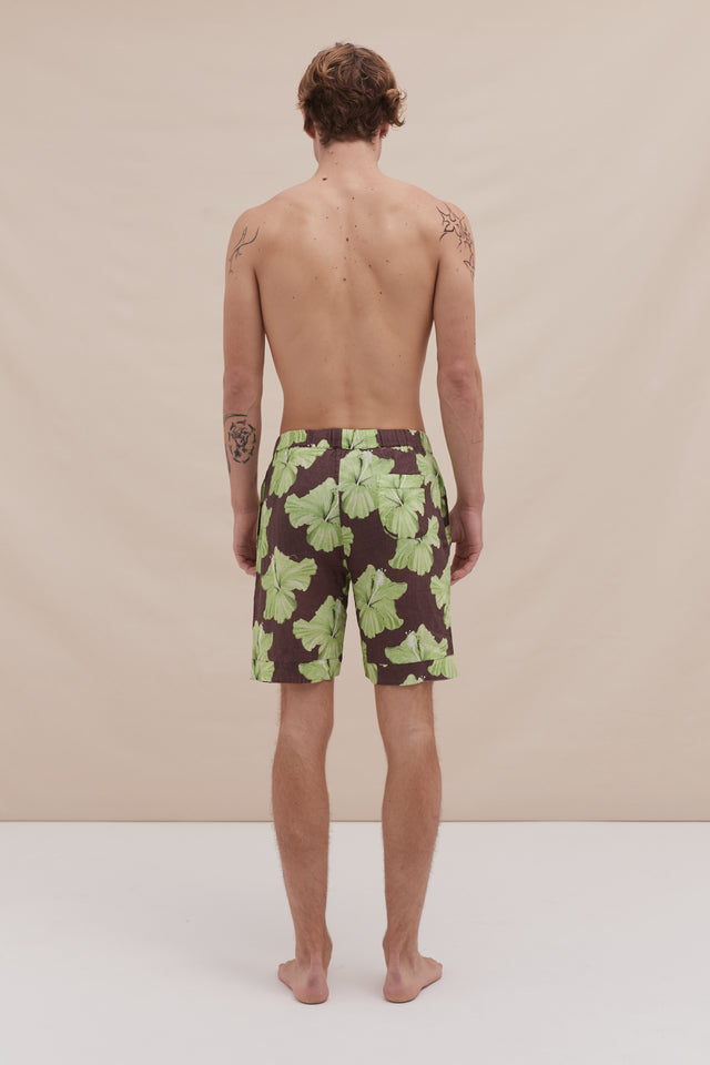 Men’s Pyjama Shorts Grand Hibiscus Print Cocoa/Lime Linen