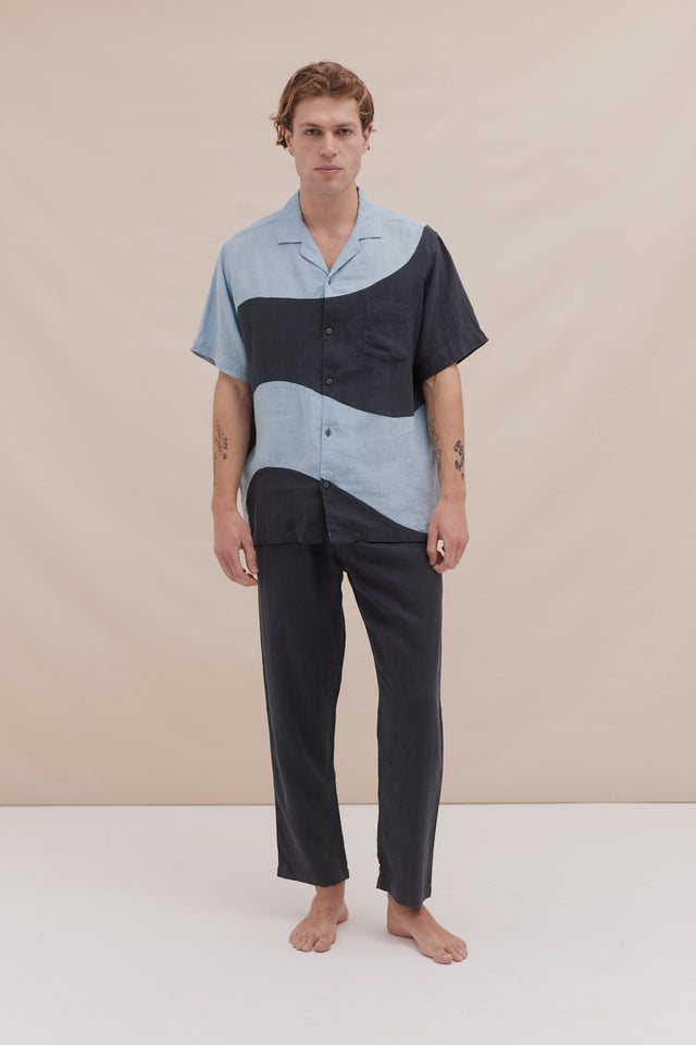Men’s Cuban Long Pyjama Set Plain/Salacia Print Petrol/Sky Blue Linen
