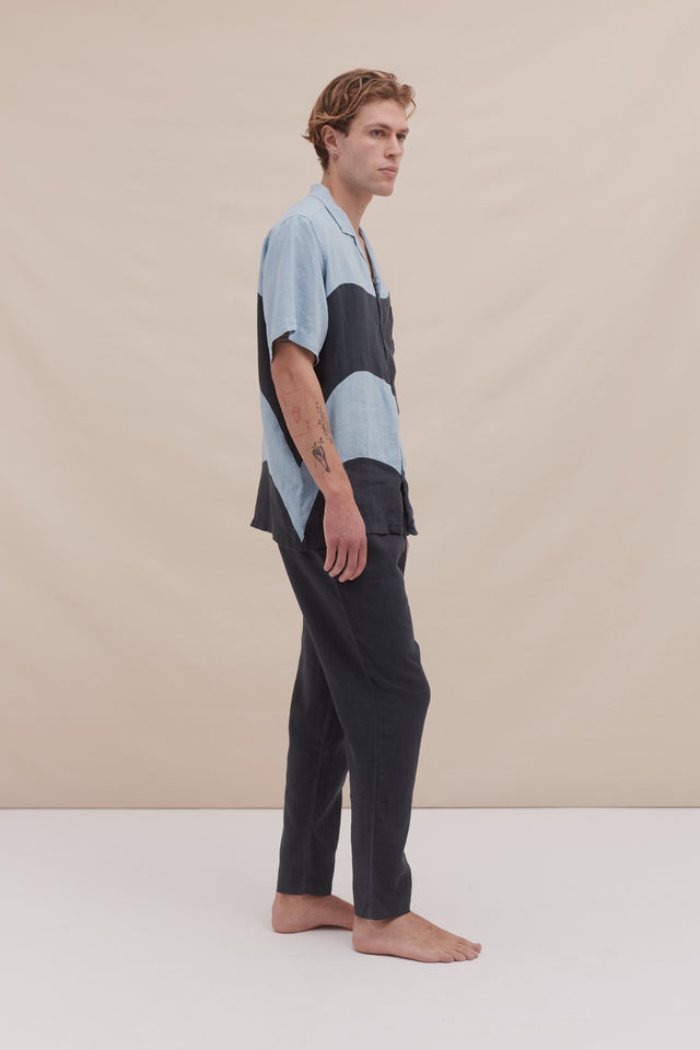 Men’s Cuban Long Pyjama Set Plain/Salacia Print Petrol/Sky Blue Linen