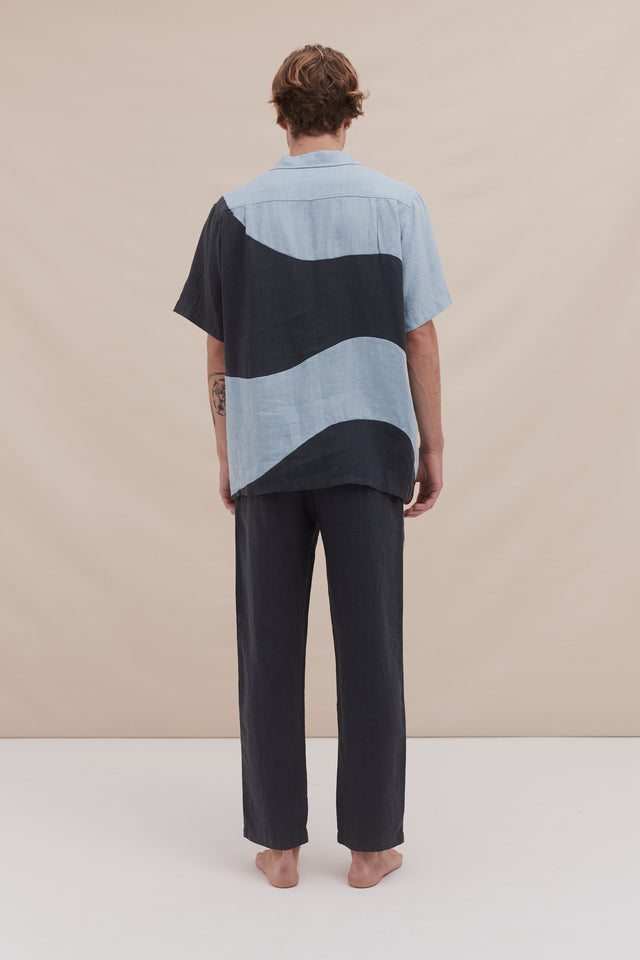 Men’s Cuban Long Pyjama Set Plain/Salacia Print Petrol/Sky Blue Linen