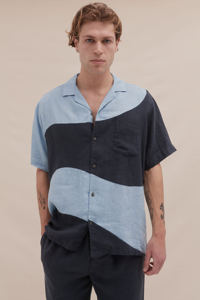 Men’s Cuban Pyjama Shirt Salacia Print Petrol/Sky Blue Linen