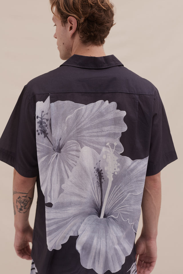 Men’s Cuban Pyjama Shirt Hibiscus Print Navy