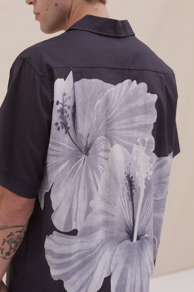 Men’s Cuban Pyjama Shirt Hibiscus Print Navy