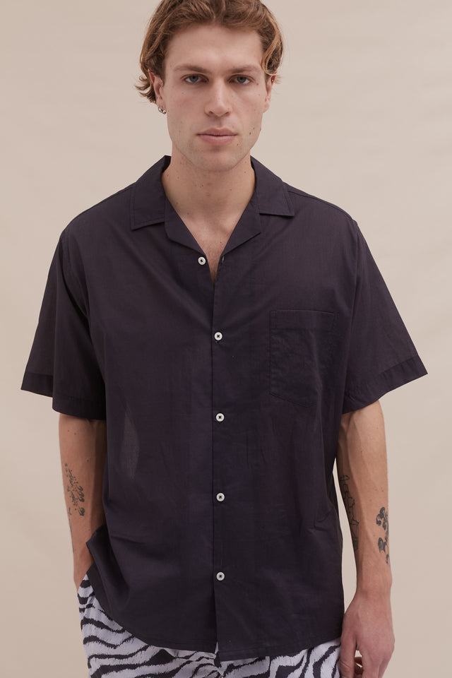 Men’s Cuban Pyjama Shirt Hibiscus Print Navy