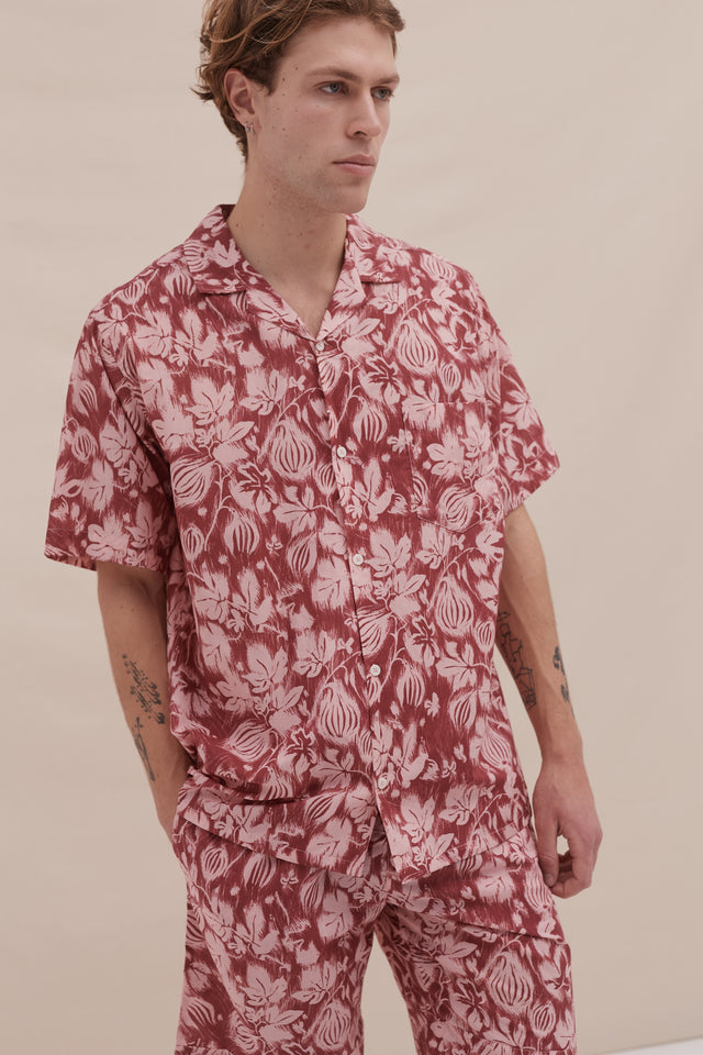 Men’s Cuban Pyjama Shirt Alma Fig Print Red/Pink