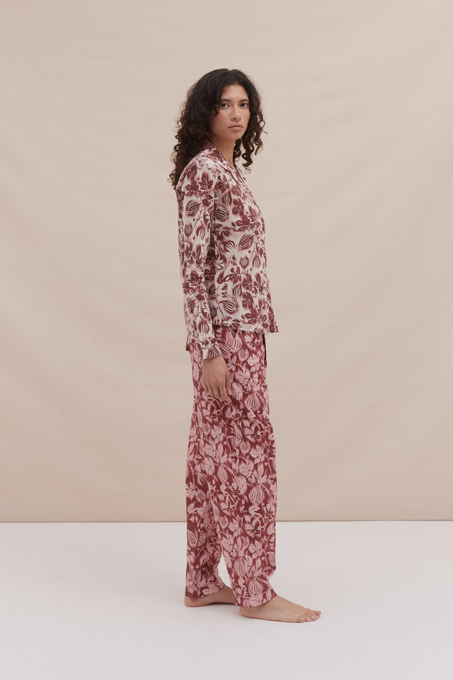 Long Pyjama Set Alma Fig Print Burgundy/Cream and Red/Pink