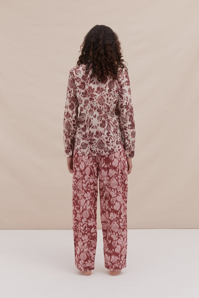 Long Pyjama Set Alma Fig Print Burgundy/Cream and Red/Pink