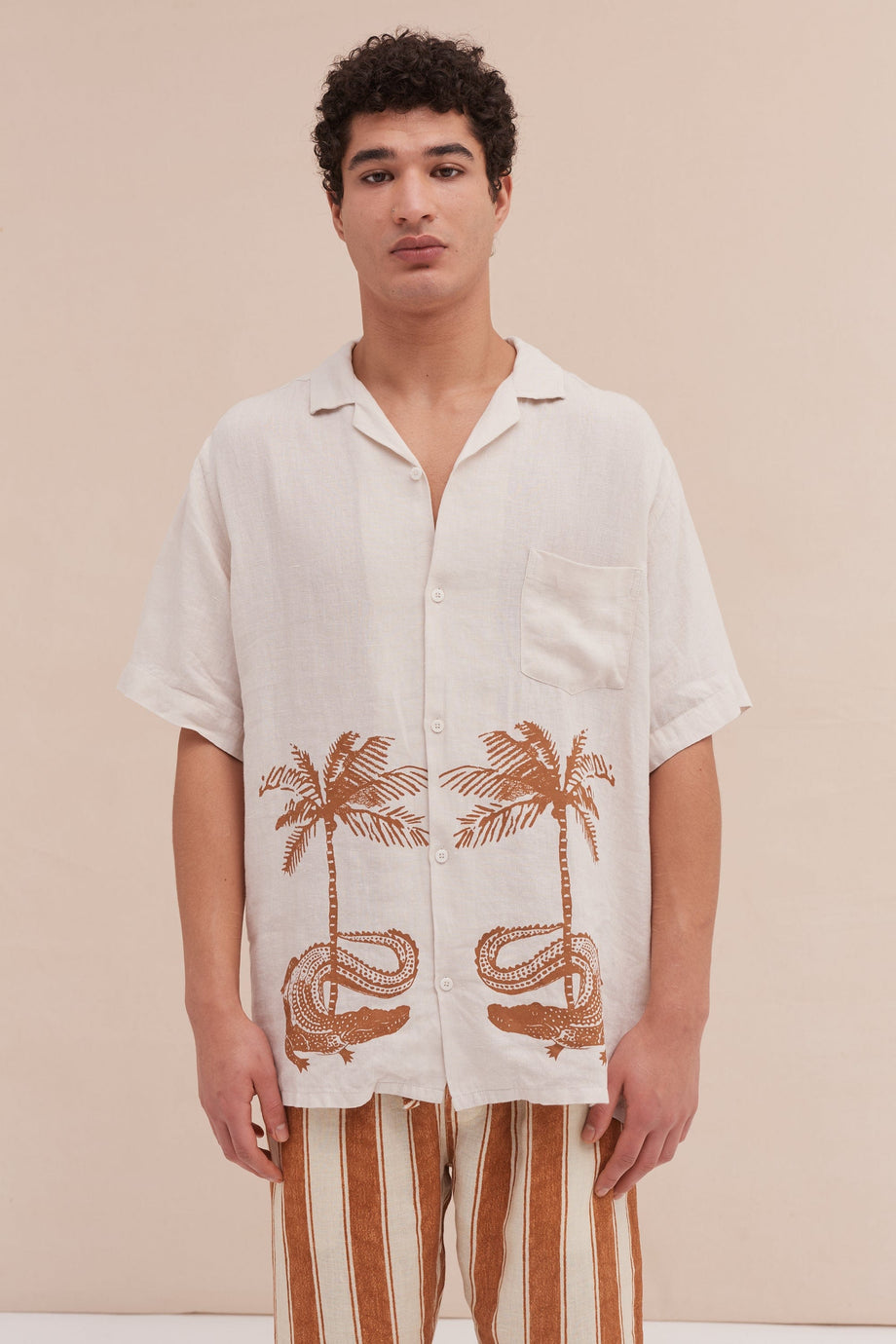 Men’s Cuban Long Sleeve and Trouser Pyjama Set Croc/Feluka Cream/Bronze Linen