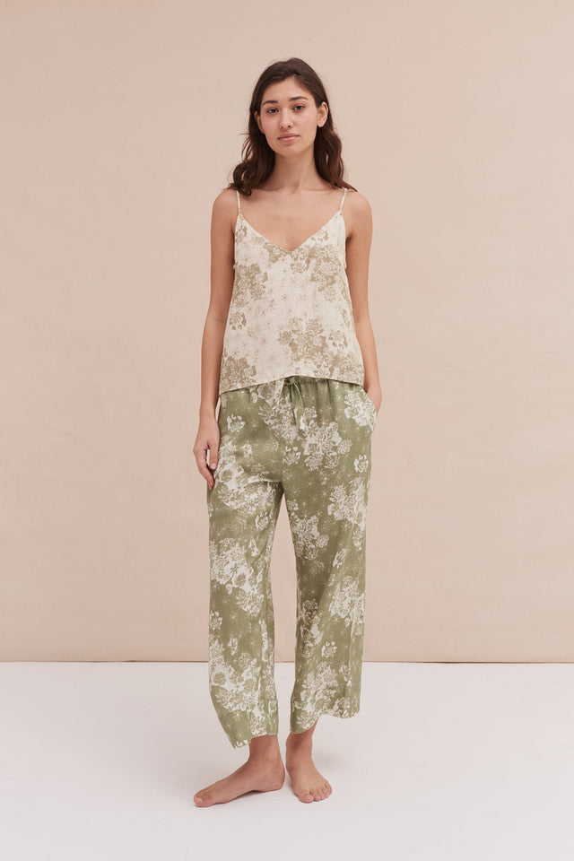 Cami & Wide Leg Set Flowers Of Time Print Sage/Green Linen