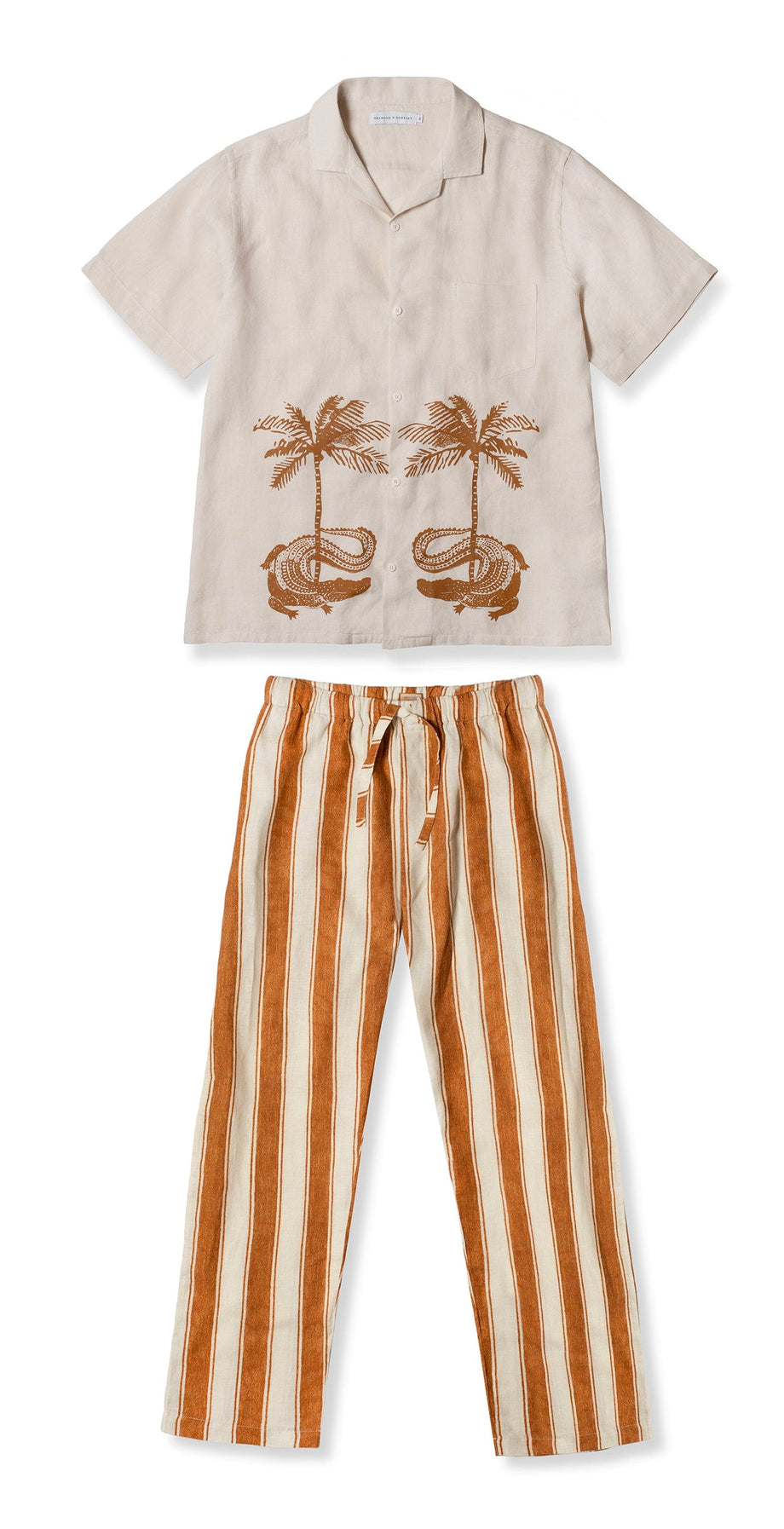 Men’s Cuban Long Sleeve and Trouser Pyjama Set Croc/Feluka Cream/Bronze Linen