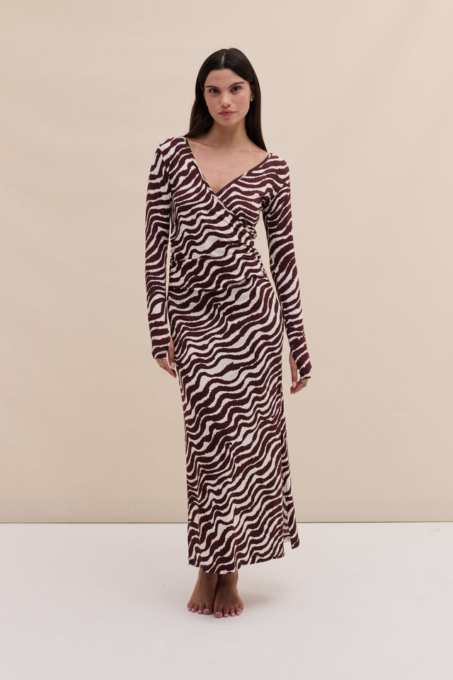 Lyocell Jersey Long Sleeve Wrap Nightie Tide Print Cocoa/Cream