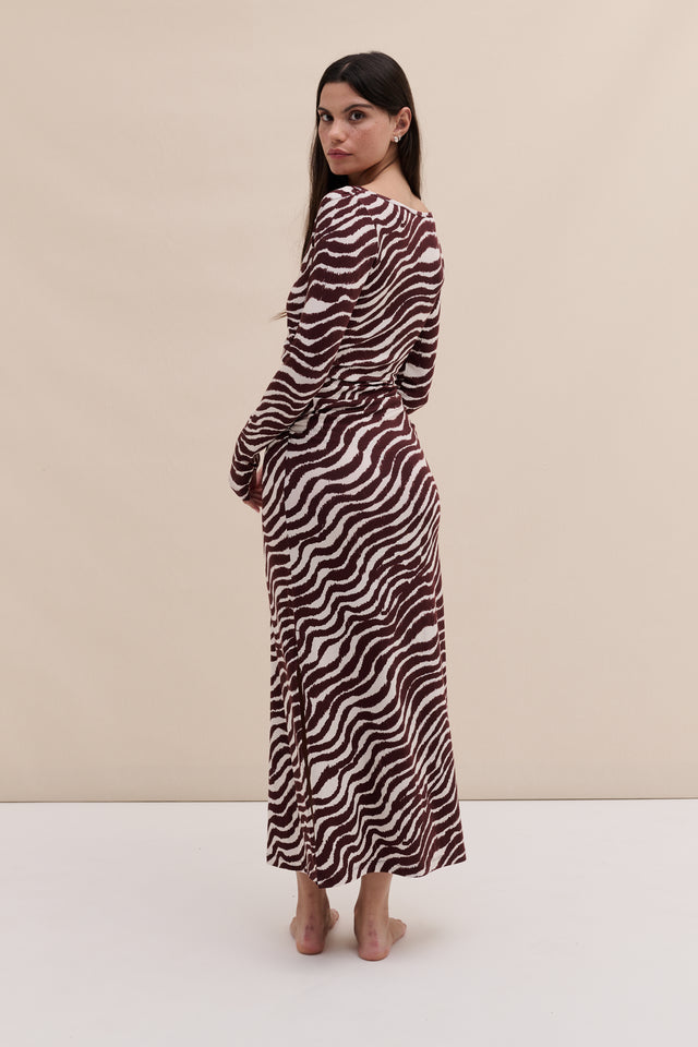 Lyocell Jersey Long Sleeve Wrap Nightie Tide Print Cocoa/Cream