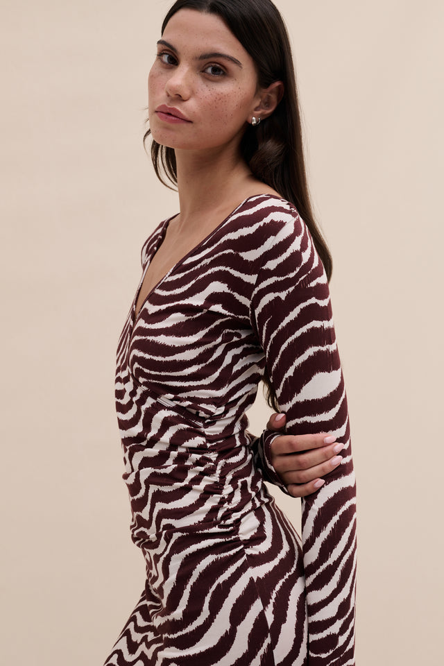 Lyocell Jersey Long Sleeve Wrap Nightie Tide Print Cocoa/Cream