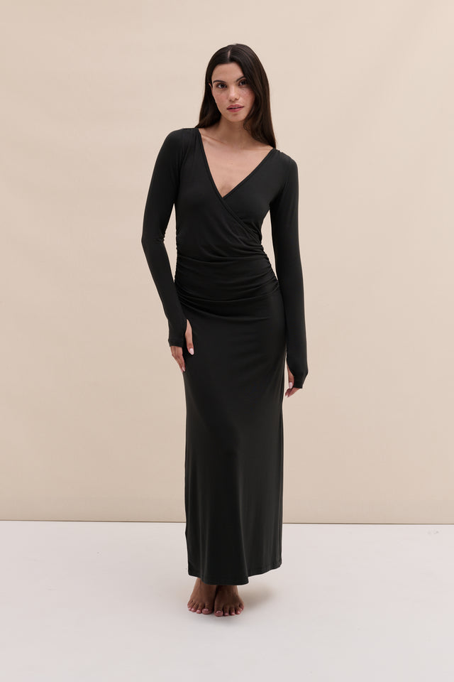 Lyocell Jersey Long Sleeve Wrap Nightie Graphite Black