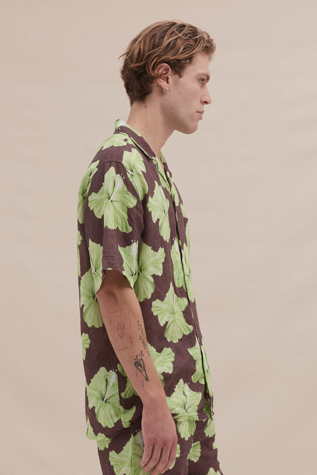 Men’s Cuban Pyjama Shirt Grand Hibiscus Print Cocoa/Lime Linen