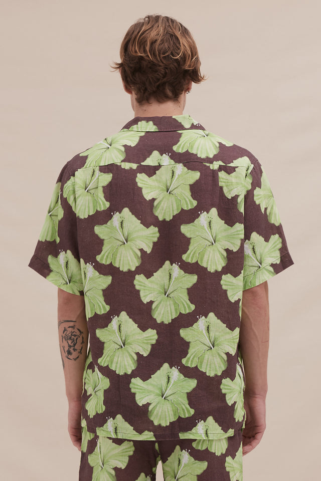 Men’s Cuban Pyjama Shirt Grand Hibiscus Print Cocoa/Lime Linen
