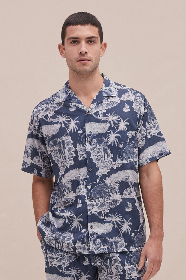 Men’s Cuban Pyjama Shirt Loxodonta Print Navy