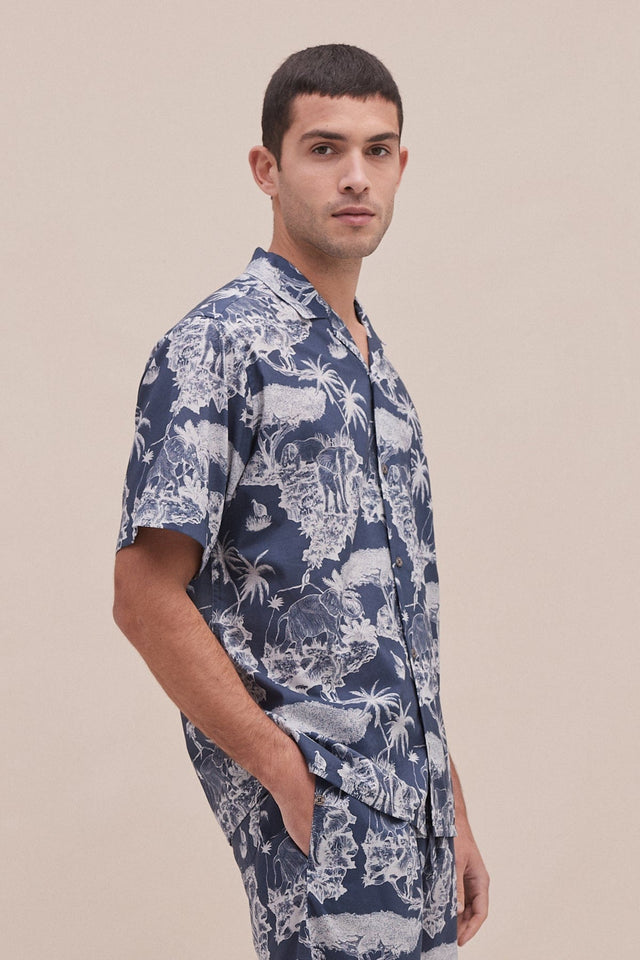 Men’s Cuban Pyjama Shirt Loxodonta Print Navy