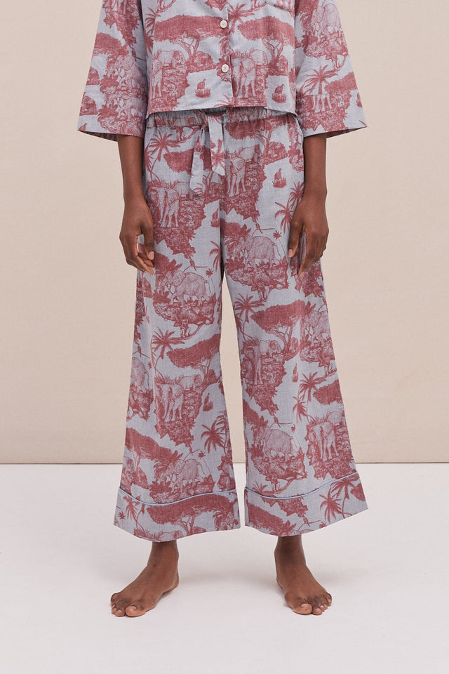 Wide Leg Pyjama Trousers Loxodonta Print Chambray/Red
