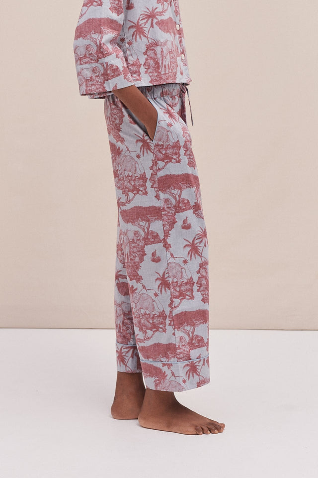 Wide Leg Pyjama Trousers Loxodonta Print Chambray/Red