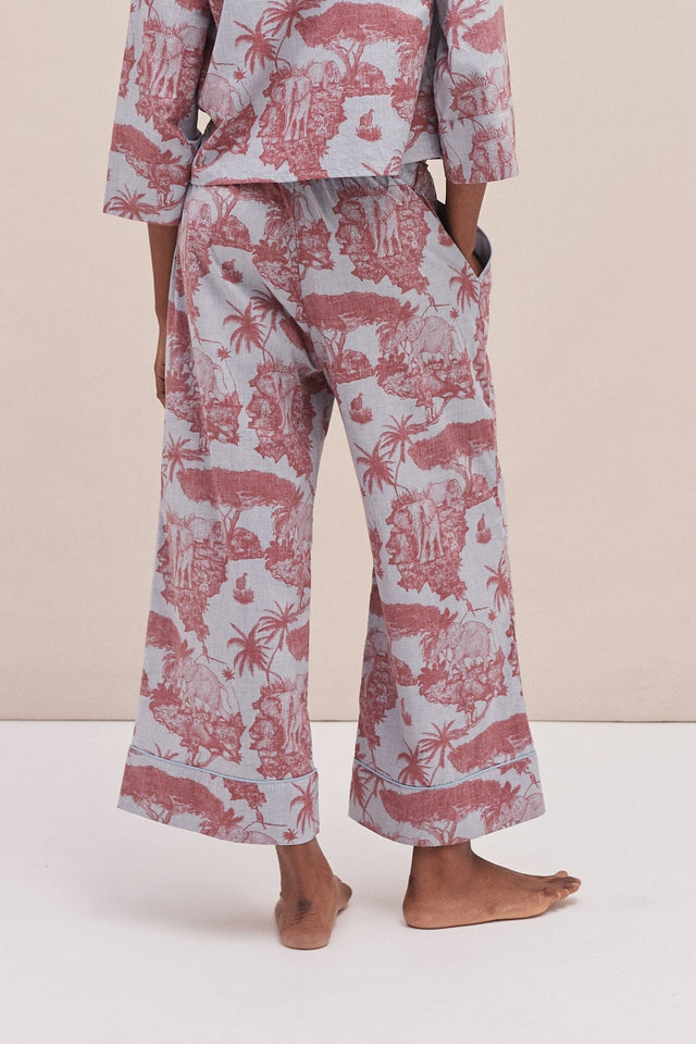 Wide Leg Pyjama Trousers Loxodonta Print Chambray/Red