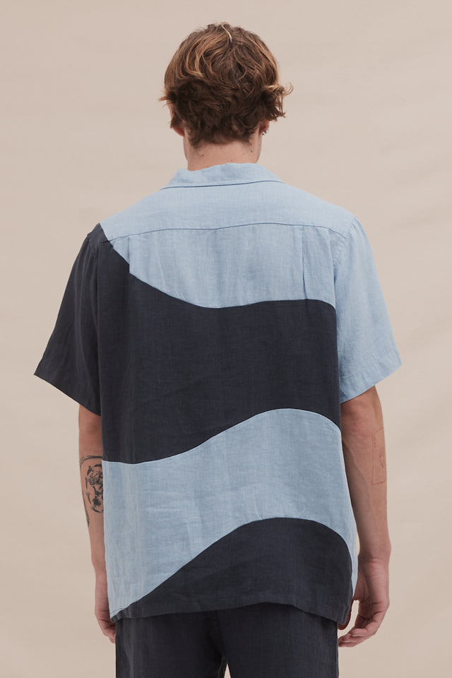 Men’s Cuban Pyjama Shirt Salacia Print Petrol/Sky Blue Linen