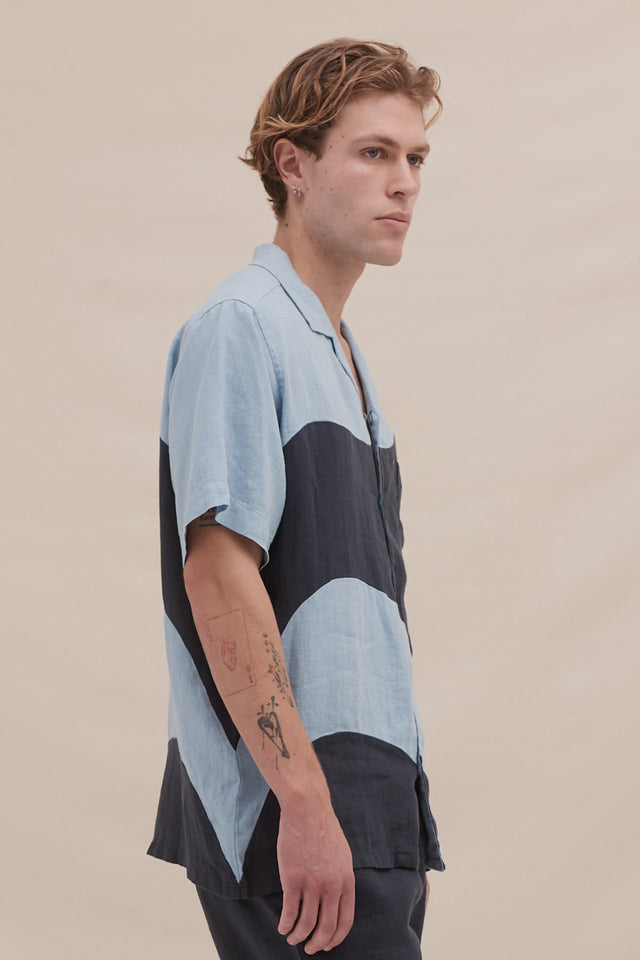 Men’s Cuban Pyjama Shirt Salacia Print Petrol/Sky Blue Linen