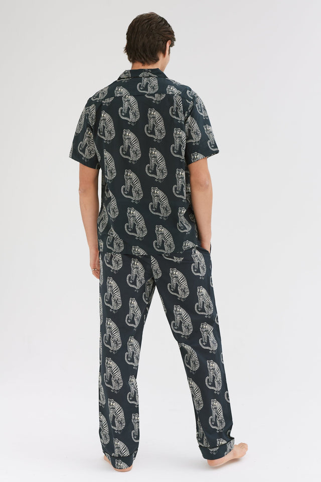 Men’s Cuban Long Pyjama Set Sansindo Tiger Print Black/Cream