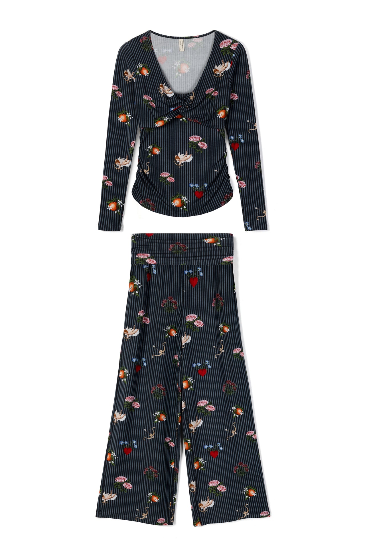 Lyocell Jersey Twist Top & Fold Over Trousers Set Primavera Pinstripe Navy