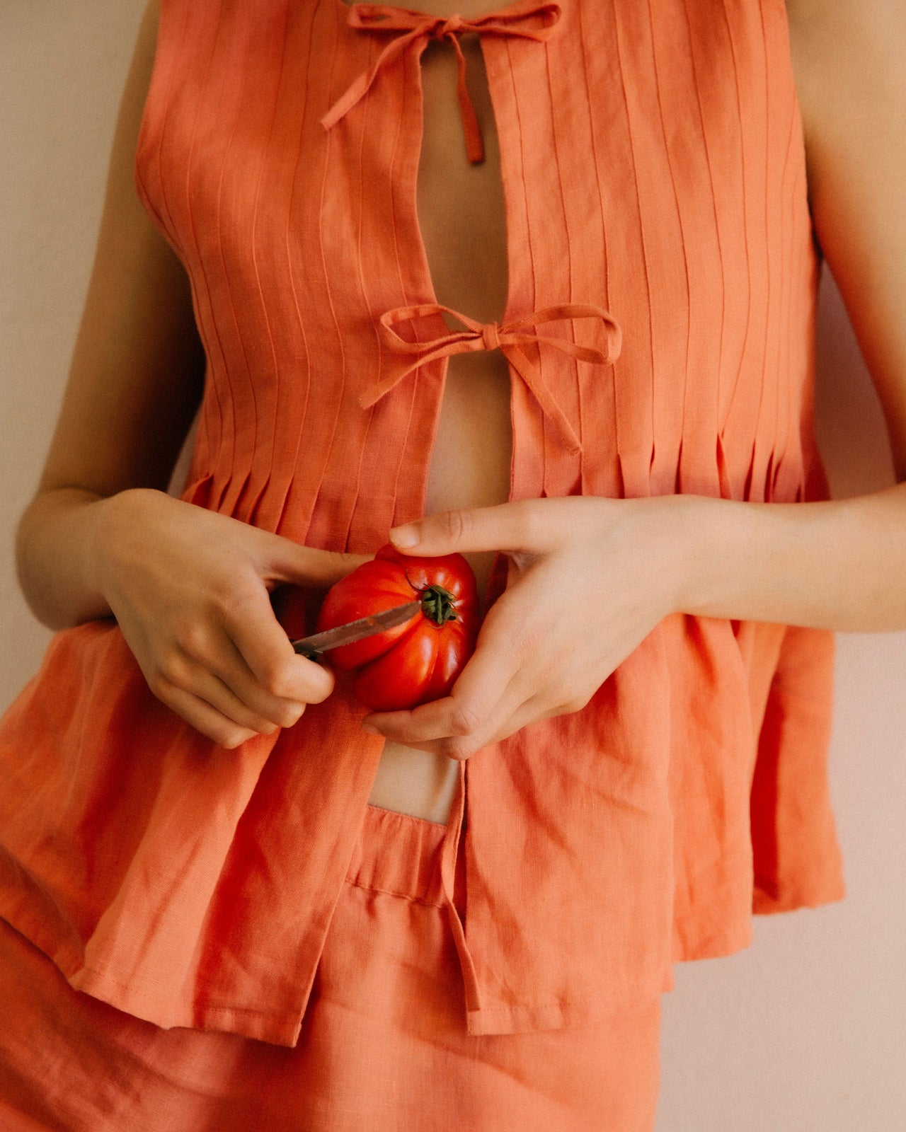 Pleated Cami Top and Shorts Set Coral Linen