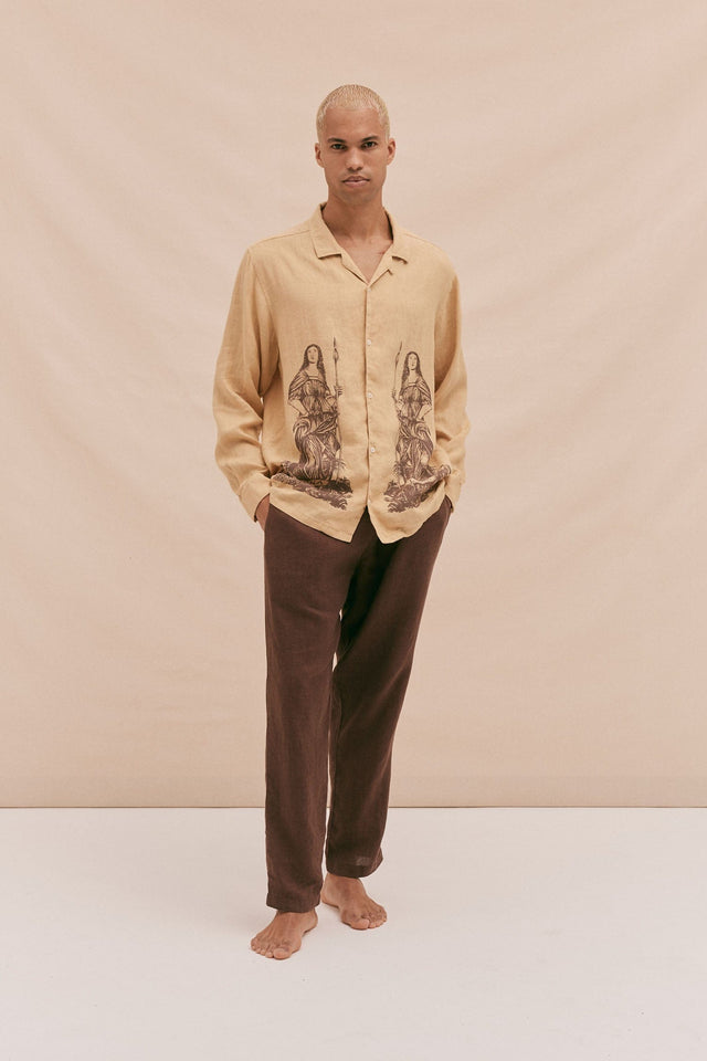Men’s Cuban Long Sleeve and Trouser Pyjama Set Luna Ochre/Mahogany Linen
