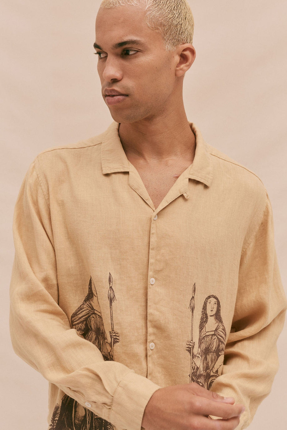 Men’s Cuban Long Sleeve and Trouser Pyjama Set Luna Ochre/Mahogany Linen