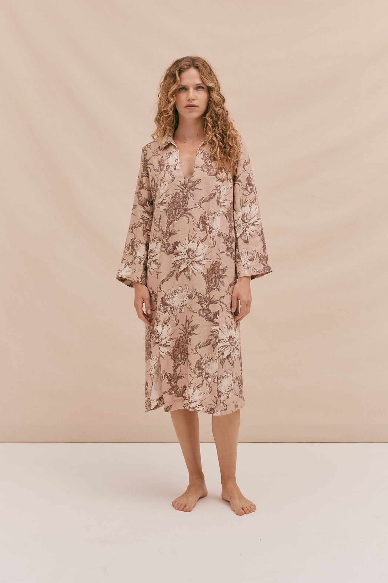 Kaftan Night Bloom Print Rose Latte Linen