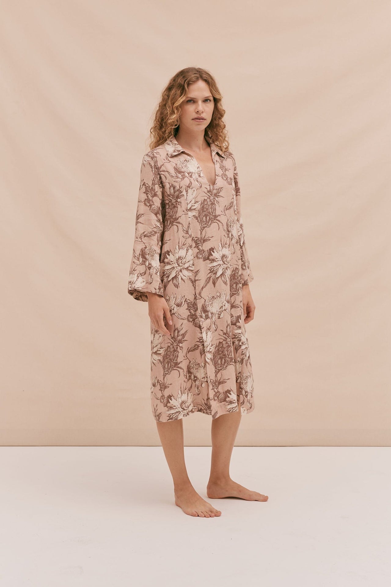 Kaftan Night Bloom Print Rose Latte Linen