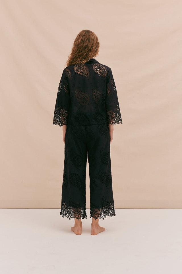 Boxy Shirt and Wide Leg Trouser Set Broderie Anglaise Black