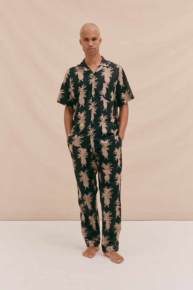 Men’s Cuban Long Pyjama Set Howie Pineapple Print Black/Gold