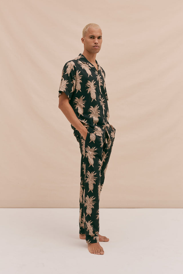Men’s Cuban Long Pyjama Set Howie Pineapple Print Black/Gold