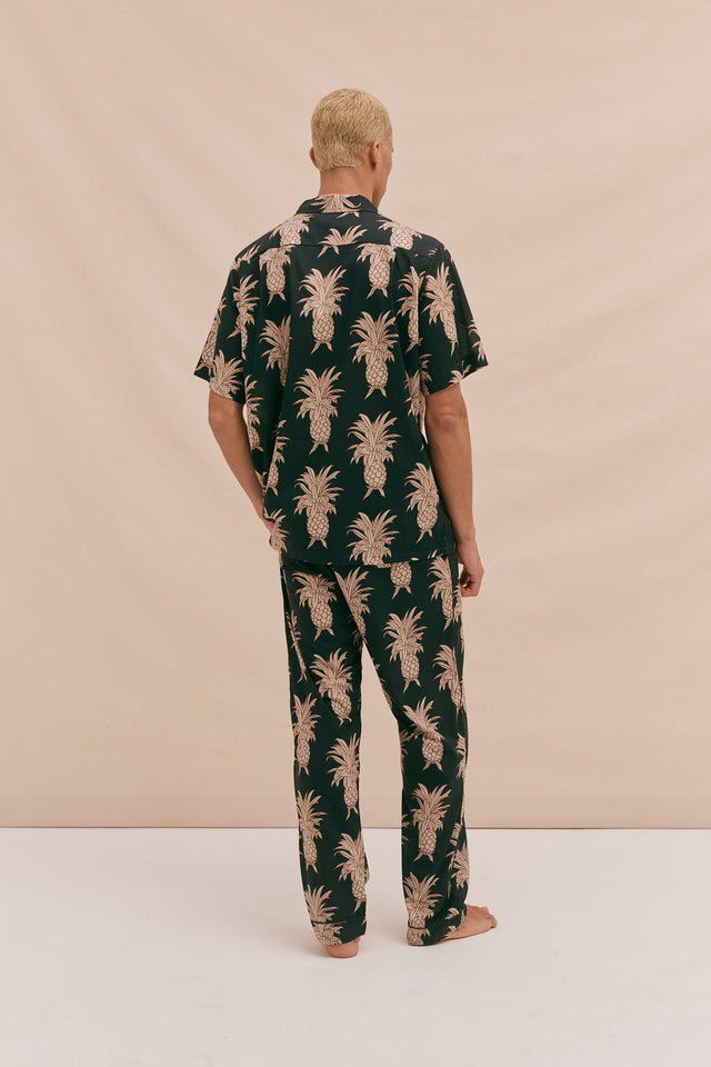 Men’s Cuban Long Pyjama Set Howie Pineapple Print Black/Gold