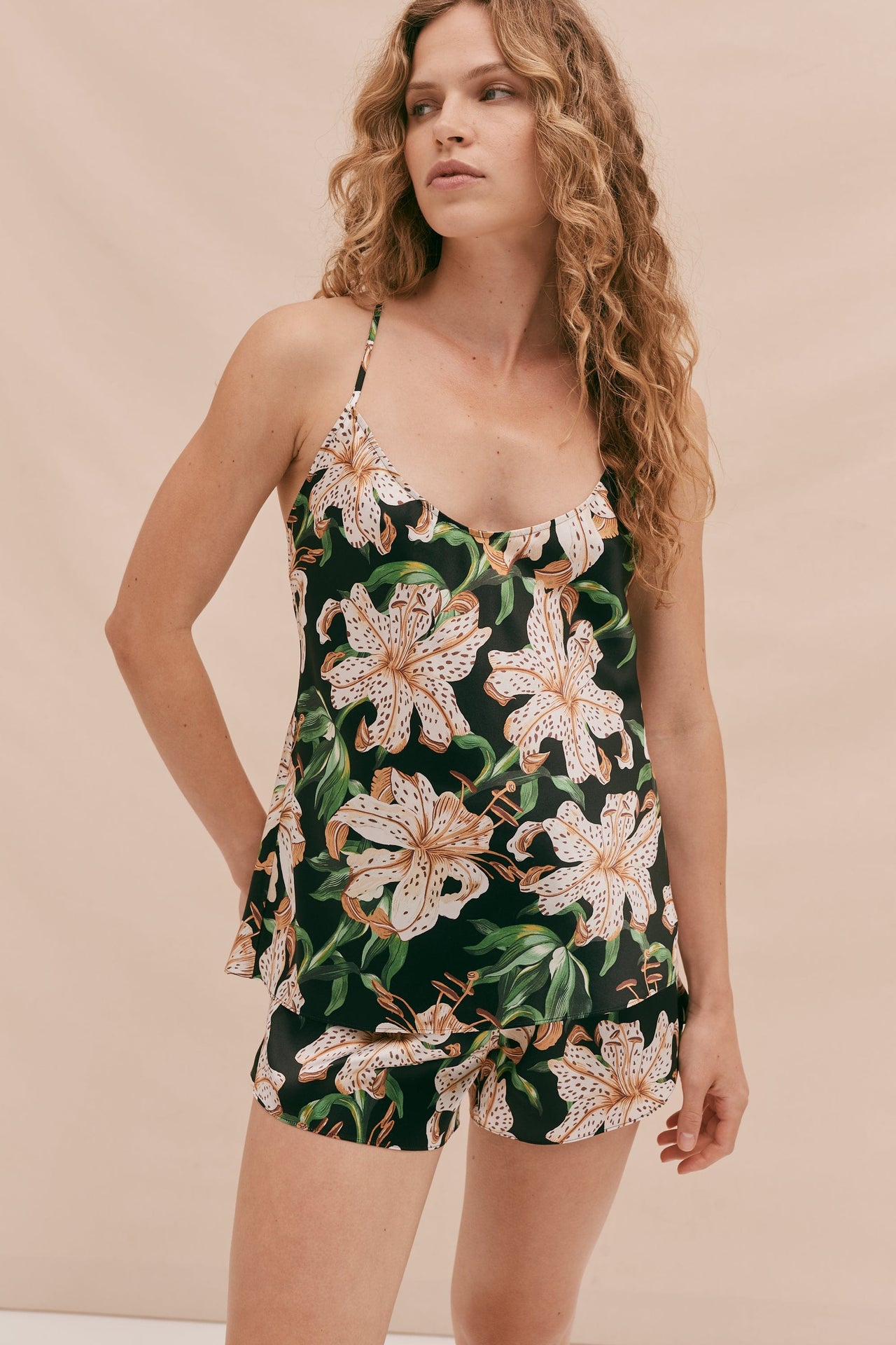 Silk Cami Top and Shorts Set Lilium Print Black